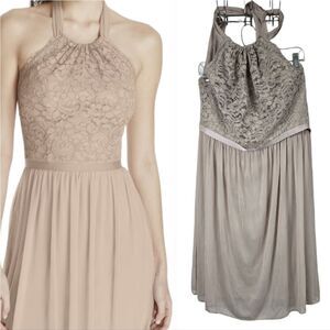 David's Bridal Short Lace Mesh Dress with Halter Neckline Biscotti Beige Size 16